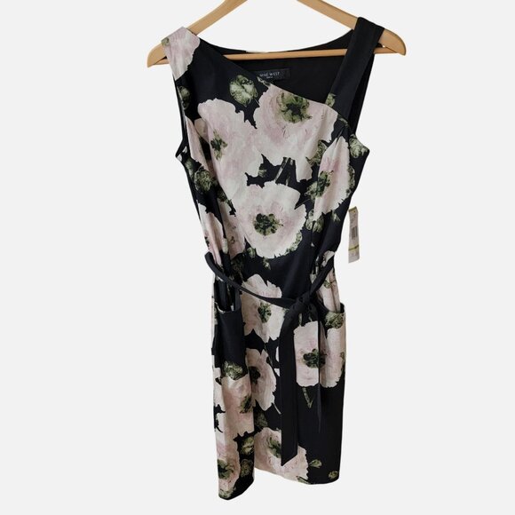 Nine West Black & Ivory Floral Print Dress Asymmetrical Neckline Size 14 - Picture 1 of 5